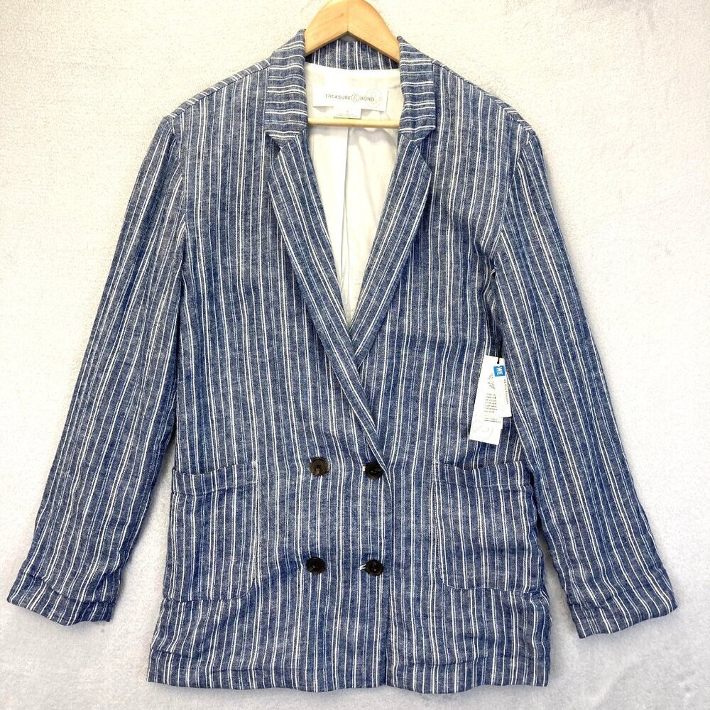 NWT Treasure & Bond Double Breasted Linen Blend Blazer Mens‎ Small Blue Striped